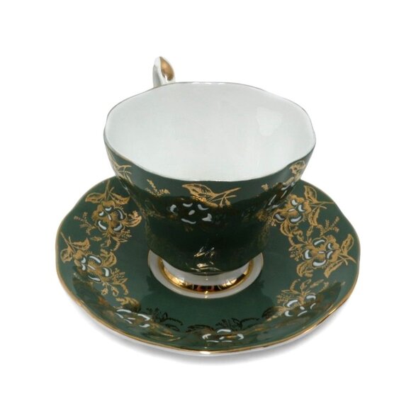 ROYAL GRAFTON Teacup and Saucer Set Elegant Green Gold Floral Vintage - Picture 2 of 12